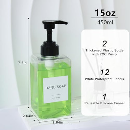 Clear Soap Dispenser with Waterproof Labels, Thickened Plastic Hand Soap Dispenser for Bathroom, Kitchen Dish Washing Liquid Bottles, Shampoo and Conditioner Bottles with Funnel (15oz 2Pack Clear) - color: 15oz 2pack Clear