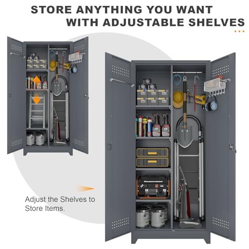 Metal Tool Storage Cabinet, Broom Closet with Hooks, 72.8" Tall Garage Cabinet with Shelves, Heavy-Duty Cleaning Storage for Utility Room, Gym, Office, Garage - color: 73"h-broom Cabinet / Grey