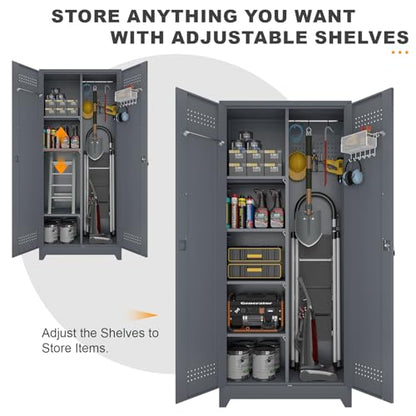 Metal Tool Storage Cabinet, Broom Closet with Hooks, 72.8" Tall Garage Cabinet with Shelves, Heavy-Duty Cleaning Storage for Utility Room, Gym, Office, Garage - color: 73"h-broom Cabinet / Grey
