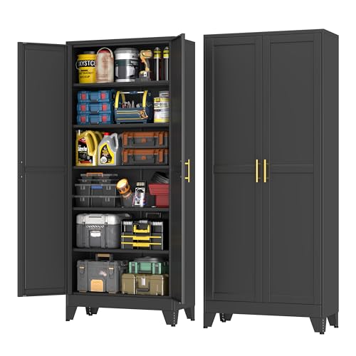 pozdeg 75" Metal Garage Storage Cabinet, Heavy Duty Steel Tool Cabinet with 2 Doors & 5 Adjustable Shelves, Freestanding Organizer Cabinet for Garage Home Office Basement (Black) - color: Black, size: 75"H