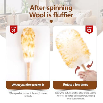 Lambswool Duster for Cleaning with Solid Wooden Handle Leather Hang Strap 19.6 inch Natural Feather Duster for Cleaning Ceiling Fans Window Blinds Computer Furniture(2 Pack) - size: 19.6Inch
