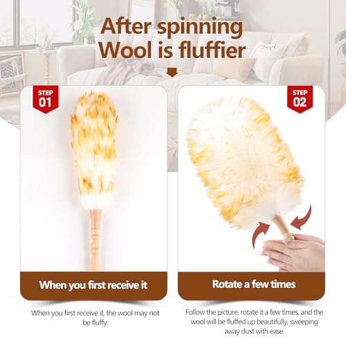 Lambswool Duster for Cleaning with Solid Wooden Handle Leather Hang Strap 19.6 inch Natural Feather Duster for Cleaning Ceiling Fans Window Blinds Computer Furniture(2 Pack) - size: 19.6Inch