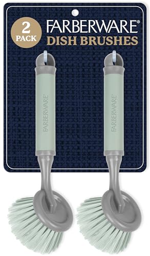 Farberware Dish Brush with Handle – 2 Pack Kitchen Scrub Brush for Dishes, Non-Scratch Dishwashing Brush Set with Firm Bristles for Pots, Pans, & Sink, Soft Grip Handles for Everyday Cleaning - color: Sage