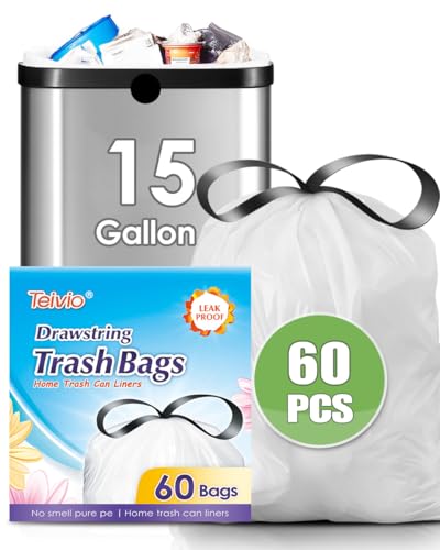 Teivio 15 Gallon 60 Counts Strong Tall Kitchen Drawstring Trash Bags, Medium Plastic Garbage Bags for Home Kitchen Office Garden Outdoor Tall Trash Can, Waste Bin Liners White - style: 60-15Gallon-White