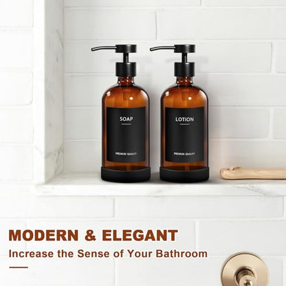 RYTOXILO Hand Soap Dispenser for Bathroom 2 Pack, Amber Glass Soap Dispenser with Stainless Steel Pump, 16.9 Fl oz Hand and Dish Soap Dispensers Set Kitchen, Modern Brown Soap Lotion Dispensers Bottle - color: Amber, size: 2 Pack