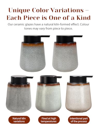 INGOFIN Ceramic Foaming Soap Dispenser -12oz Foam Hand Soap Dispenser Bathroom, Modern Refillable Dish Wash Soap Bottle for Kitchen with Large Pump,Kiln-Glazed - color: Kiln-glazed Grey White -Foam