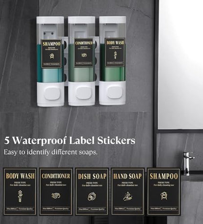 Luxspire Shampoo and Conditioner Dispenser, No Drill Wall Mounted Shower Soap Dispenser 3 Chamber with Waterproof Labels, Easy Refill Soap Dispenser for Bathroom Hotel Kitchen, White - color: White, size: 3 Chamber