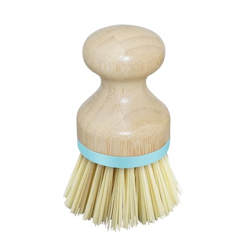 OGGI Natural Bamboo Dish Brush - Round Palm Dish Brush, Non-Scratch, Odorless Nylon Bristles, Durable Scrub Brush for Grease & Grime, Safe Cleaning Brush for Non-Stick Cookware - Turquoise Accent - color: Turquoise
