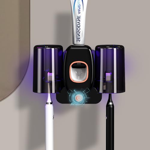Toothbrush Holders for Bathrooms,Rechargeable Cordless Wall Mounted Tooth Brushing Holder,Electric Toothbrush Holder with 2 Cups,4 Toothbrush Slots,Toothpaste Dispenser (Black) - color: Black