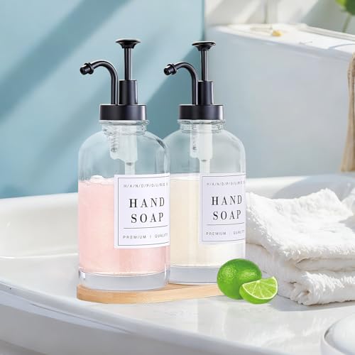 Dish and Hand Soap Dispenser for Kitchen,Glass Soap Dispenser with Pump,Tray,Funnel, Set of 2 Countertop Soap and Lotion Dispenser for Bathroom,Shower, 500ml/16.9oz, - color: Ks-5010-34y-2b