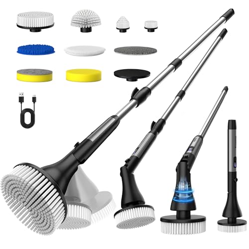 MayKing Electric Spin Scrubber with 9 Brush Heads, 3-Angle & 4-Length Adjustable Cordless Power Scrubber, 3-Speed & Battery LED Display, Electric Scrubber for Cleaning Bathroom Bathtub Floor Tiles - color: Gray
