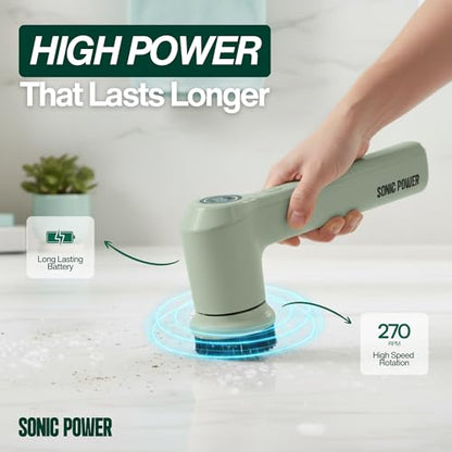 SonicPower Electric Spin Scrubber – Handheld & Ergonomic, IPX7 Waterproof, 4 Multi-Purpose Brush Heads, Long-Lasting Rechargeable Battery – Cleans Dishes, Bathroom, Tile, Grout & Kitchen (Sage) - color: Sage