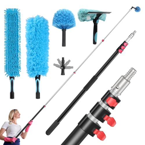 20FT High Reach Cleaning Kit - Includes 12FT Telescoping Extension Pole Bendable Chenille Duster & Microfiber Duster Cobweb Duster Glass Scrubber & Squeegee Swivel Head - for Ceiling Fans Windows - size: 12ft+5PC-kit1