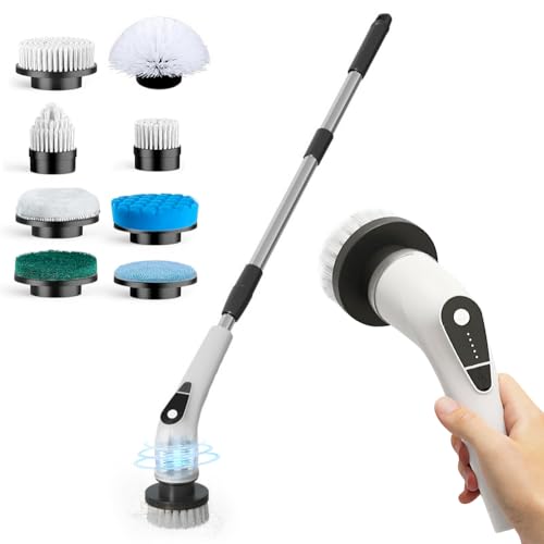 HomeBeyond Electric Spin Scrubber, 5-Speed Power Spin Cleaner with 8 Replaceable Brush Heads, IPX7 Waterproof, Adjustable Extension Handle, Large Battery for Bathroom, Shower, Tile, and Floor Cleaning