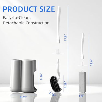 Toilet Brush and Holder Set with Pumice Stone – Long Handle Toilet Bowl Brush, Anti-Splash Scrubber, Ventilated Drip-Free Base, Deep Cleaner for Hard Water Stains, Limescale, Toilet Rings, Grey - color: Gray