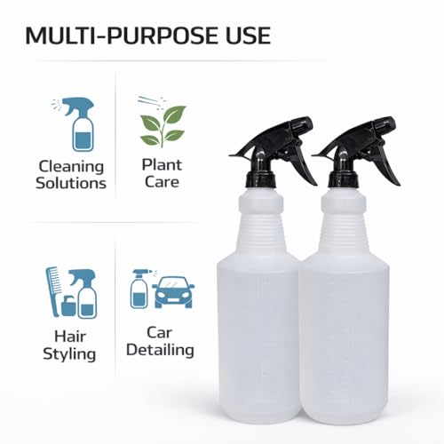 32 oz Spray Bottles 2 Pack, Heavy Duty Spray Bottle with Adjustable Nozzle Mist & Stream, Refillable Plastic Spray Bottles with Measurements (mL/oz), Leakproof Chemical Resistant Cleaning Spray Bottle