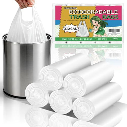 2.6 Gallon Small Trash Bags with Handles, White Bathroom Mini Garbage Bags, 100 Count Biodegradable 10 Liter Unscented Tiny Wastebasket Liners for Car Office Kitchen, Strong Thick - color: 2.6 gallon White 100
