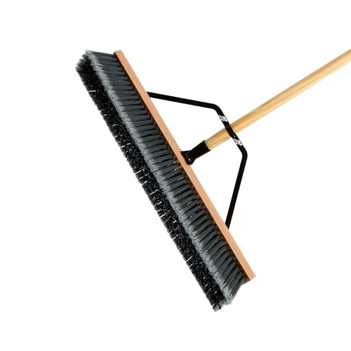 Restaurantware-Clean Tek Professional 24 Inch Push Broom, 1 Heavy-Duty Broom with 60” Handle - Medium Plastic Bristles, Durable, Wooden, Commercial Use, for Deck, Driveway, Garage, Yard, Patio