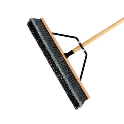 Restaurantware-Clean Tek Professional 24 Inch Push Broom, 1 Heavy-Duty Broom with 60” Handle - Medium Plastic Bristles, Durable, Wooden, Commercial Use, for Deck, Driveway, Garage, Yard, Patio