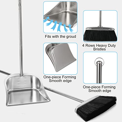 VOOWO Heavy Duty Broom and Dust pan Set, Stainless Steel Broom and Dustpan Set with Long Handle, Broom with Dustpan Set for Home Standing Dust Pan Indoor Outdoor Brooms Dustpan - color: Black Broom and Dustpan Set