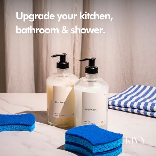 KIVY Glass Soap Dispenser Set [INCL. Waterproof Labels] - Glass Soap Dispenser with Pump - Hand Soap and Dish Soap Set - for Kitchen, Shower & Bathroom - Refillable (2X 16oz) - color: Glass