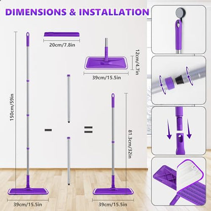 Microfiber Mops for Floor Cleaning - BPAWA Flat Floor Mop with 8 Reusable Washable Mop Pads fit for Swiffer Powermop Kitchen Wet Dry Dust Mop for Hardwood Laminate Wood Tile Ceramic Vinyl Wall Floors