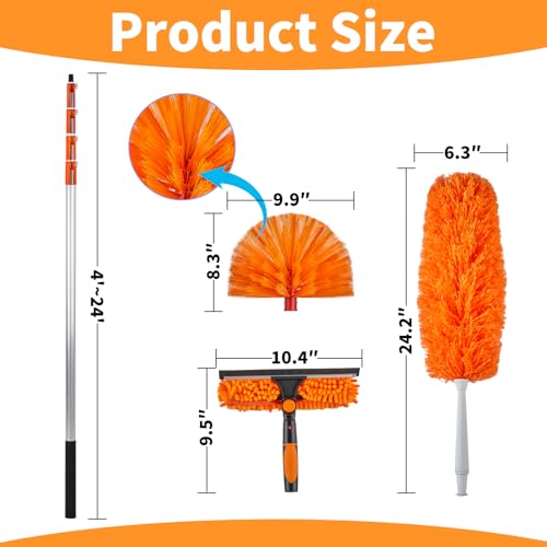 Outvita 26FT High Reach Duster Kit with 4-24FT Aluminum Extension Pole, Window Cleaning Squeegee ＆ Cleaner Kit, Cobweb Feather and Ceiling Fan Duster for High Ceiling