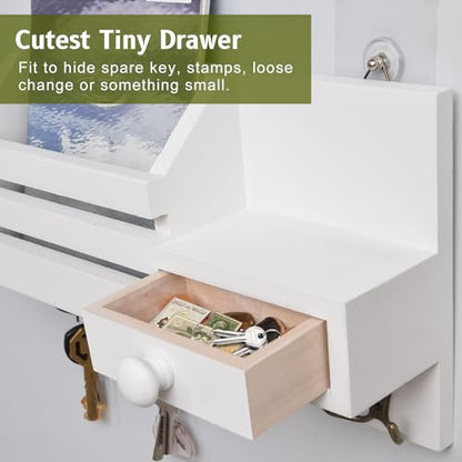 Key Holder Wall Mount, Wooden Adhesive Mail and Key Organizer with Drawer, Small Shelf, 8 Hooks, 2 Installation Methods, White - color: White