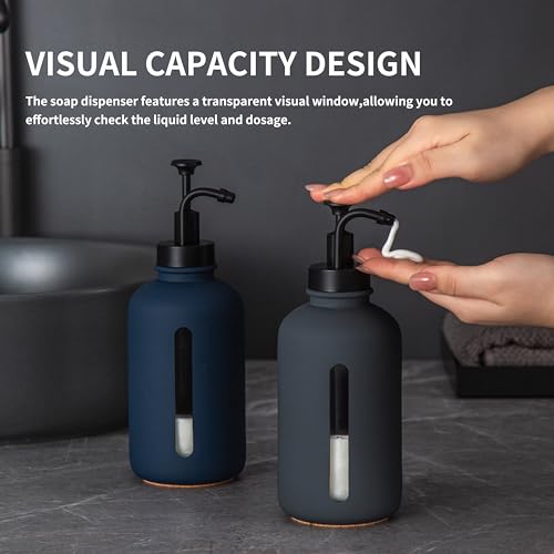 Enra Glass Soap Dispenser with Window, 17oz Dark Gray Stainless Steel Hand Pump for Bathroom Kitchen - Countertop Lotion Bottle (Dark Gray-Round-Liquid) - color: Dark Gray-round-liquid