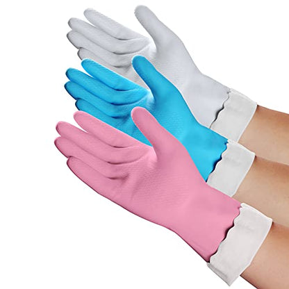 HSL Household Cleaning Gloves - Reusable Kitchen Dishwashing Gloves with Latex free, Cotton lining, Waterproof, Non-Slip (Medium, 3 Pairs) - color: Blue+white+pink, size: Medium (Pack of 3)