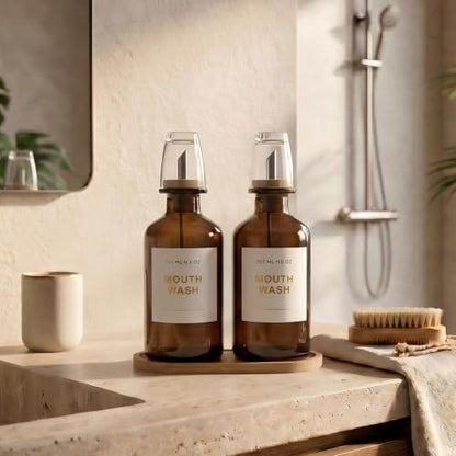 11.8OZ Glass Mouthwash Dispenser for Bathroom with Stainless Steel & Bamboo Nozzle, Mouthwash Cup Reusable, Bamboo Tray, and Elegant Gold Sticker.Set of 2（Amber - color: Amber/350*2