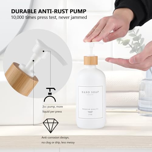 White Glass Soap Dispenser - Hand Dish Soap Dispenser Set for Kitchen, Bathroom with Sturdy Pump and Tray, 14 Waterproof Labels,Refillable Soap Lotion Dispenser-White - color: White Bottle + 14 Labels + Funnel + Tray