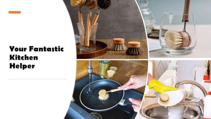 Bamboo Dish Brush with Handle, 1 Sturdy Wooden Handle with 3 Natural Bristle Heads, Horsehair, Sisal, Palm - All Purpose Kitchen Scrubber, Bamboo Wok Brush, Fruit and Veggie Scrubber