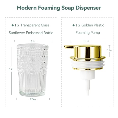 Glass Foaming Soap Dispenser - Foaming Hand Soap Dispenser for Bathroom & Kitchen, 10 OZ Transparent Foam Hand Wash Dispenser, Refillable Dish Dispenser Golden Pump - color: Golden Foam Pump, size: 10 OZ