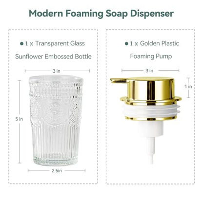 Glass Foaming Soap Dispenser - Foaming Hand Soap Dispenser for Bathroom & Kitchen, 10 OZ Transparent Foam Hand Wash Dispenser, Refillable Dish Dispenser Golden Pump - color: Golden Foam Pump, size: 10 OZ
