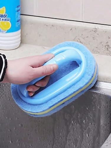 Ergonomic Long Handle Sponge Brush Set Durable Scouring 3 Pack Pad Shower Scrubber for Bathroom Bathtub Tile Grout Kitchen Sink Pot Cleaning Tool Non Scratch Heavy Duty Wand (Blue) - color: Blue
