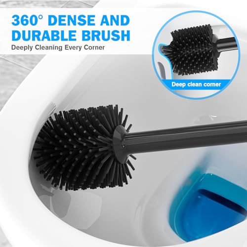 Toilet Plunger and Brush Set, Silicone Bowl Brush and Heavy Duty Toilet Plunger with Ventilated Holder, 2-in-1 Toilet Brush and Plunger Combo for 5.3-inch Toilet Drain Bathroom Deeply Cleaning (Black) - color: Black01