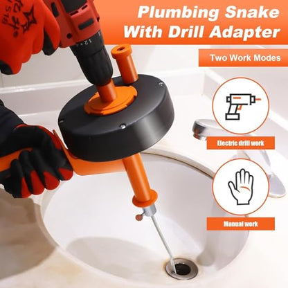 Drain Auger 25ft Clog Remover with Drill Adapter, Flexible Plumbing Snake for Kitchen, Bathroom & Shower Sinks, Hair Clog Remover, Manual or Drill Powered, Full-Set Included