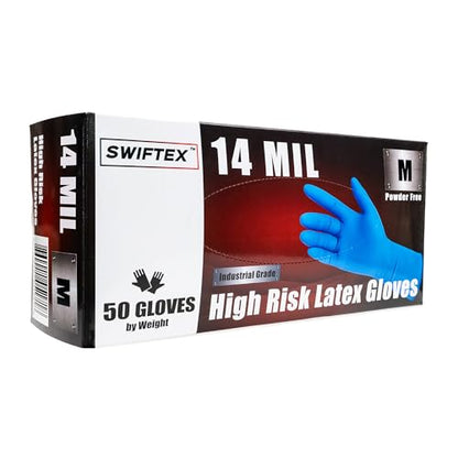 Heavy Duty Thick Latex Gloves, 14mil, Blue, Industrial, Powder Free, 12" Length, Textured, Multi-Purpose, Box of 50 - size: Small