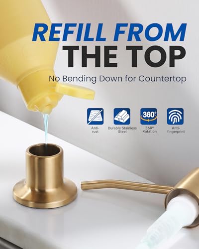 Built in Kitchen Sink Soap Dispenser: Stainless Steel Pump Head with 17 Ounce Large Soap Bottle, Easy Top Refill Design – No Bending Down for Countertop, Brushed Gold - color: Brushed Gold