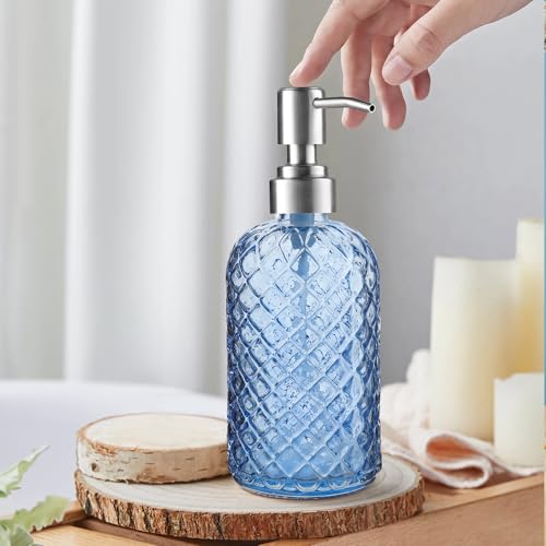 Kaishun 14 OZ Refillable Glass Soap Dispenser for Hand Soap & Lotion, Blue - color: Blue