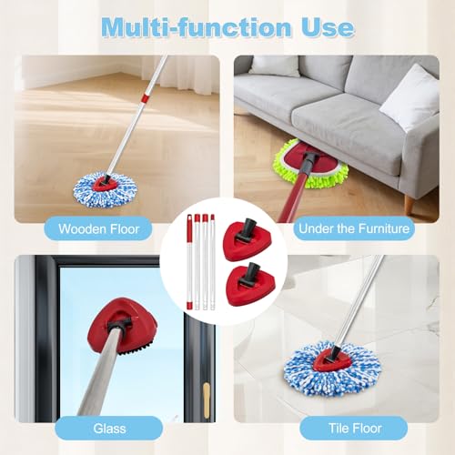 Spin Mop Handle & 2 Mop Base Replacement for O-Cedar RinseClean 2 Tank System, Adjustable 30-58" Telescopic Mop Stick Pole, Lightweight Durable Mop Handle Replacement Parts - color: 2pcs Set
