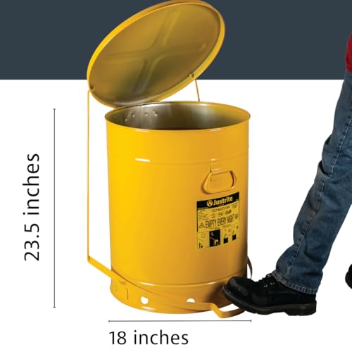 Justrite 21 Gallon Galvanized Steel Oily Waste Can, 23.5" x 18" Metal Oil Rag Safety Can with Foot Operated Self-Closing Lid for Oil Rag Disposal, Made in The USA, Yellow, 09701 - color: Yellow, size: 21 Gallon, style: Foot-Operated Lid