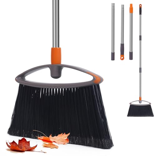 Soft Bristle Broom, Heavy Duty Broom with Collapsible Handle, Ideal for Indoor Outdoor Hardwood Floors Kitchen Salon Camping Cat Pets Hair Home Room Office, Sturdy and Durable, Gray - size: Flagged Bristle