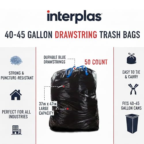 (50 Count) 44 Gallon Trash Bags with Drawstring, Heavy Duty Fits 40-45 Gallon Bins, 1.2 Mil Industrial Strength for Janitorial, Hotels & Commercial Kitchen Waste-Multipurpose use-By Interplas.