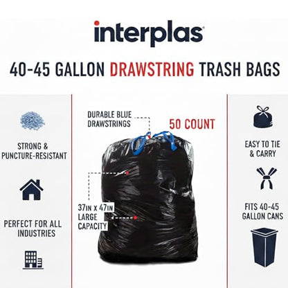(50 Count) 44 Gallon Trash Bags with Drawstring, Heavy Duty Fits 40-45 Gallon Bins, 1.2 Mil Industrial Strength for Janitorial, Hotels & Commercial Kitchen Waste-Multipurpose use-By Interplas.
