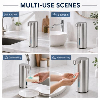 XINKORA Stainless Steel Automatic Soap Dispenser for Dish & Hand Soap, Touchless Sensor Pump, 4 Adjustable Levels, USB-C Rechargeable, 350mL, Wall Mount or Countertop for Kitchen & Bathroom