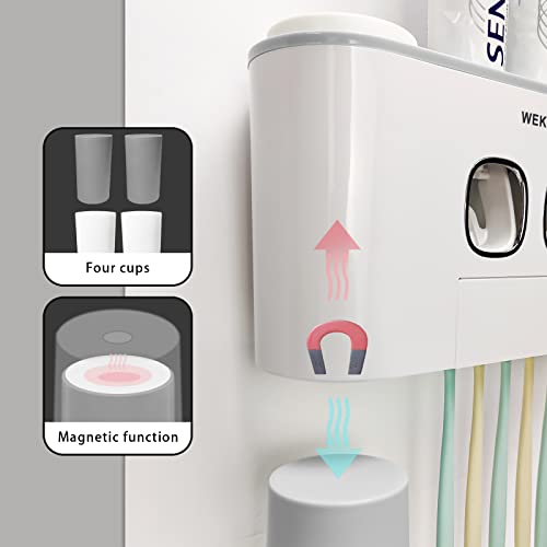 Toothbrush Holder WREWING Multi-Function Wall-Mounted Automatic Toothpaste Dispenser and Dust-Proof Toothbrush Holder with 5 Brush Slots 4 Cups 2 Automatic Toothpaste Dispensers 1 Storage Slot (Grey) - color: Grey