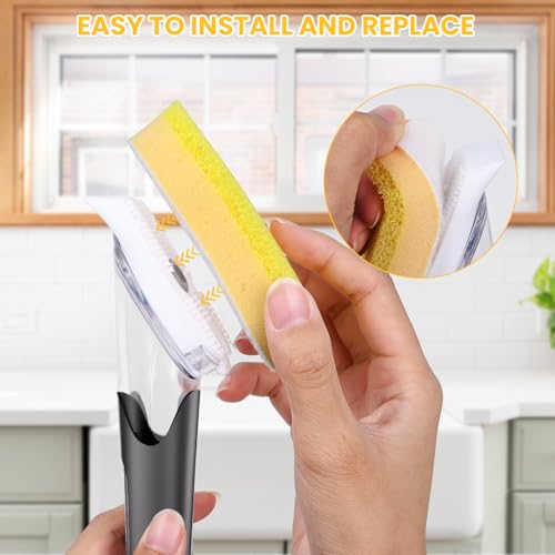 Soap Dispensing Replacement Dish Brush Storage Set with 10 PCS Sponge Refills & Holder - RIMAY Dispenser Scrub Cleaning Scrubber Kitchen Dishwashing Dish Wand Handle for Dishes/Pans/Pots/Sink(Yellow) - color: Yellow