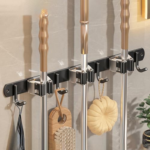 Wall-Mounted Broom Holder Stainless Steel Mop Storage Rack Laundry Room Storage Solution Suitable for Kitchens, Gardens, Garages (Black: 3 clips with 4 hooks) - color: Black: 3 clips with 4 hooks